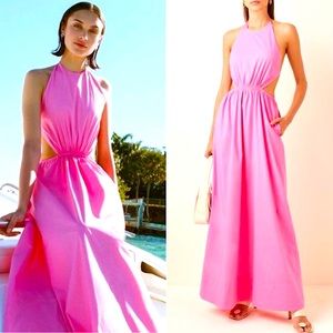 STAUD Pink Open Tie Back Halter Neck Side Cutout Cotton Poplin Maxi Dress Size S